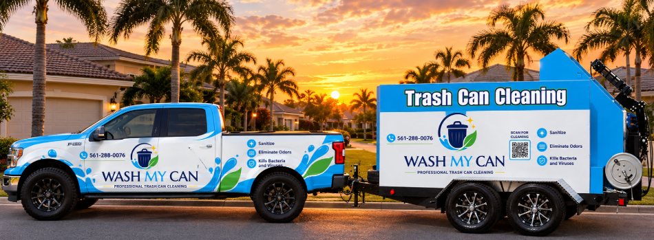 Wash My Can branded truck and trash can cleaning trailer at sunset in a Palm Beach County, FL neighborhood